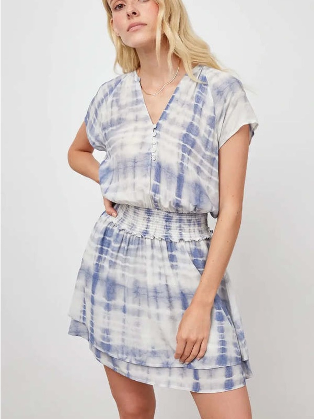 Rails Blue & White Karla Tie-Dye Mini Dress Smocked Waist Coastal Fit Flare XS